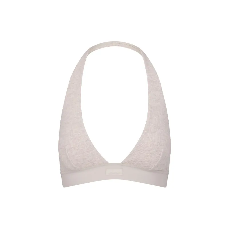 SKIMS Fake Day Collection FW24 COTTON RIB HALTER BRALETTE Bra Women's 1 Pack Heather Oatmeal/Sage Oatmeal Bars-0