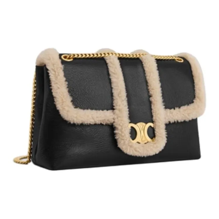 CELINE Lambskin Handbag, Shoulder Bag Large Size Women's Black & Milk White-2