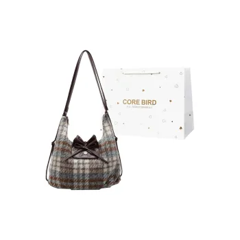 CORE BIRD Woolen Portable Double Shoulder Shoulder Bag Women's Blue Plaid/Green Plaid/Dark Blue Plaid