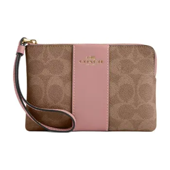 COACH Corner Zip Signature Coated Canvas Wrist Bags Clutches Small Size Women's Tan & Pink