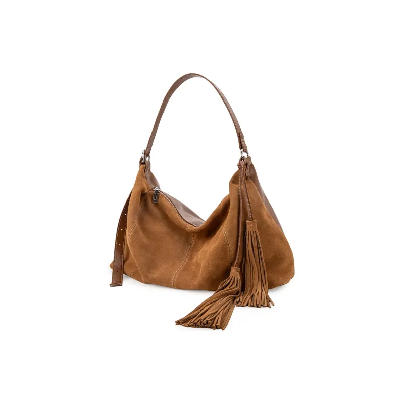 VENOF Cow Leather Shoulder Bag Large Size Women's Velvet Camel Brown/Sand Dune Apricot/Chestnut Coffee-7