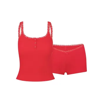 SKIMS Fake Day Collection FW24 COTTON RIB LACE TANK AND SHORT SET Pajama Set Women's Cranberry/Gooseberry