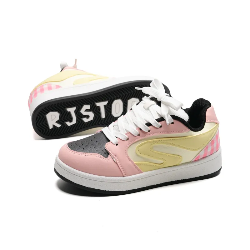 KAAVER OTTO Slip Resistant Low Top Skateboard Shoes Women's White Pink Yellow Box-6