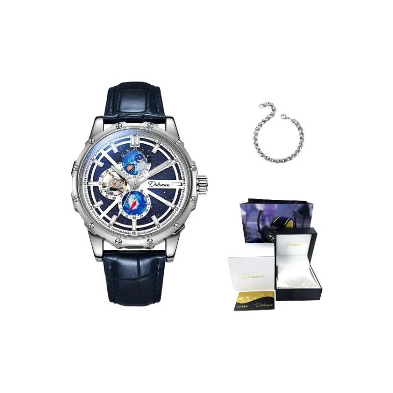 Dulunwe Star Moon Series Automatic Mechanical Movement Cowhide Strap Watch Men's Watches Blue Dial-0