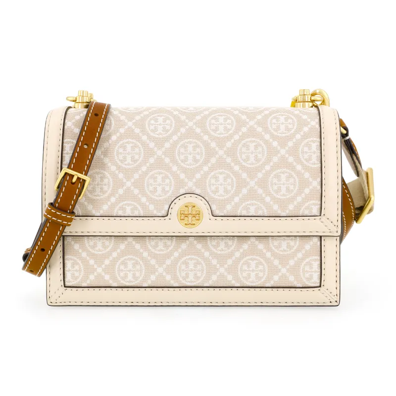 TORY BURCH T Monogram Fabric With Leather Trim Crossbody Bag Shoulder Bag Small Size Women's Almond White-1