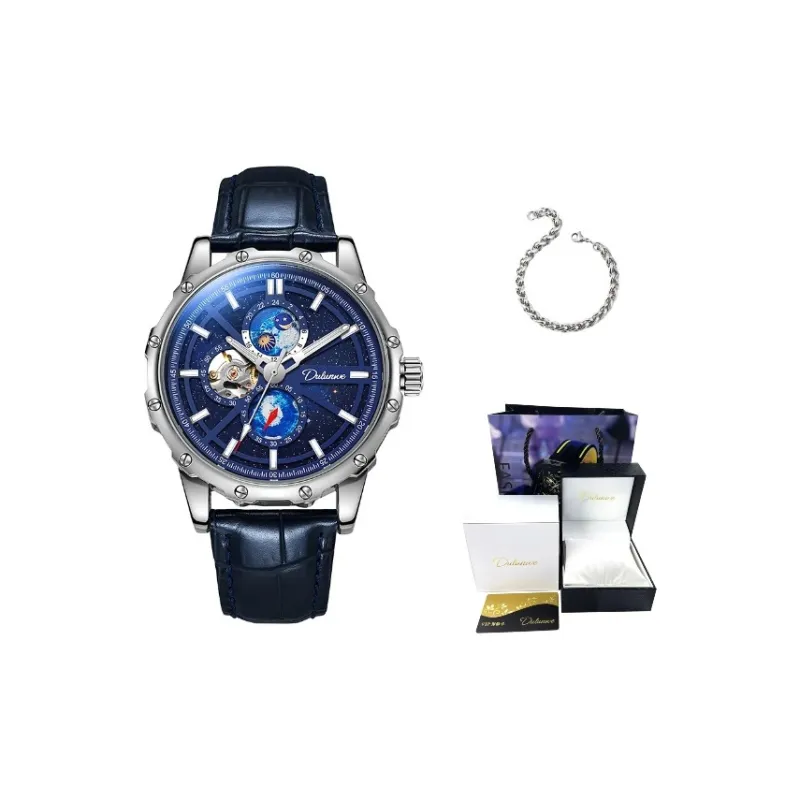 Dulunwe Star Moon Series Automatic Mechanical Movement Cowhide Strap Watch Men's Watches Blue Dial-3