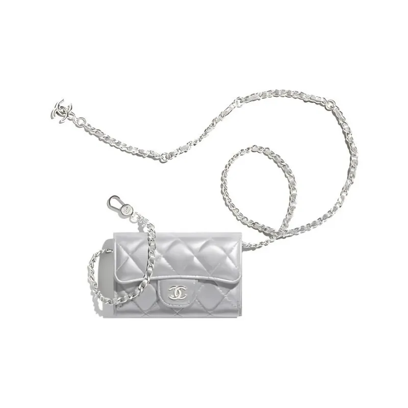 CHANEL Sheepskin And Metal Chain Bag Waist Chain Fanny Pack Trumpets Women's Silver-1