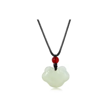 ZENGCAI Chinese Style Carving Peace Lock Pendant Necklace Pale Greenish White Jade Women's
