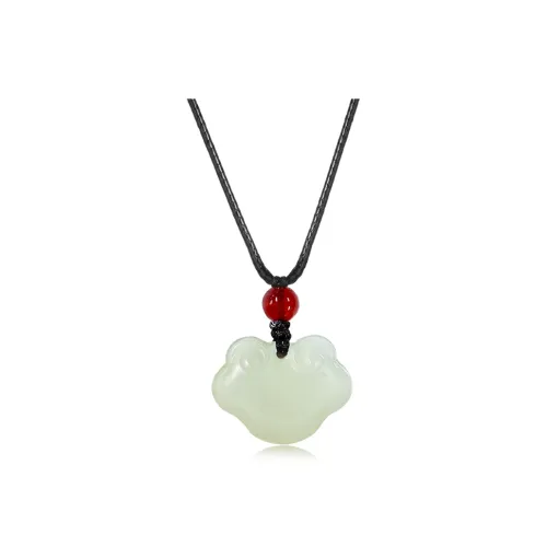 ZENGCAI Chinese Style Carving Peace Lock Pendant Necklace Pale Greenish White Jade Women's