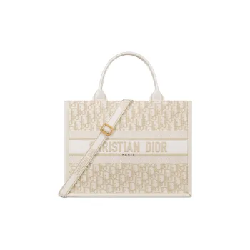 DIOR BookTote Handbag Oblique Print Fabric Cotton Women's White Gold