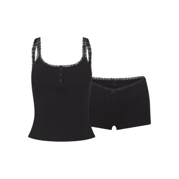 SKIMS Fake Day Collection FW24 COTTON RIB LACE TANK AND SHORT SET Pajama Set Women's SOOT/Smoke Gray