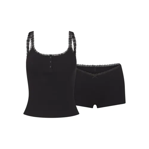 SKIMS Fake Day Collection FW24 COTTON RIB LACE TANK AND SHORT SET Pajama Set Women's SOOT/Smoke Gray