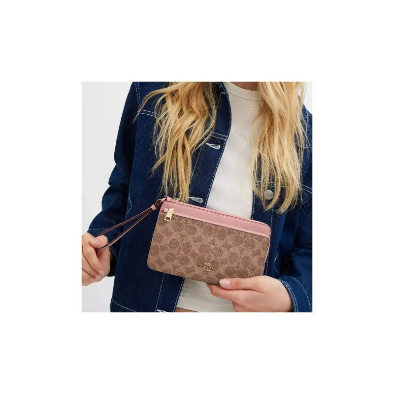 COACH Coated Canvas Wallet Trumpets Women's Tan & Pink-4