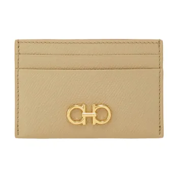 FERRAGAMO GANCINI Stamped Calfskin Card Holder Women's Beige