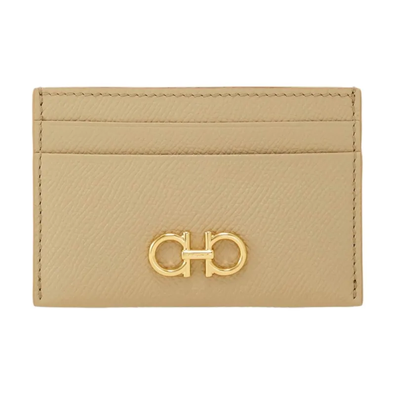 FERRAGAMO GANCINI Stamped Calfskin Card Holder Women's Beige-0