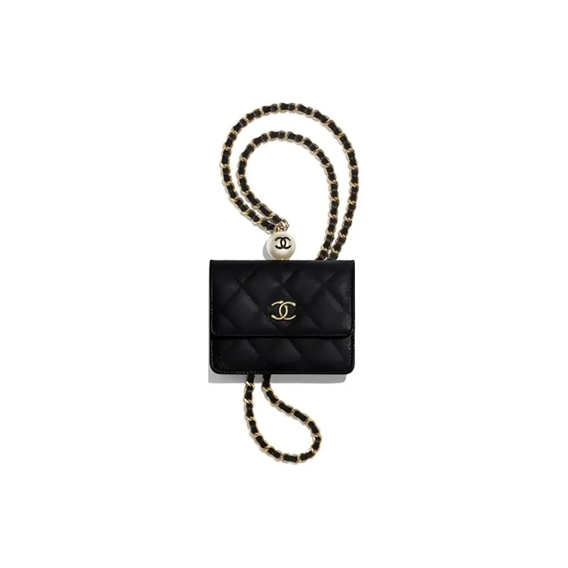 CHANEL Grain Calfskin Coin Purse Necklace Pouch Crossbody Bag Medium Size Women's Black-0