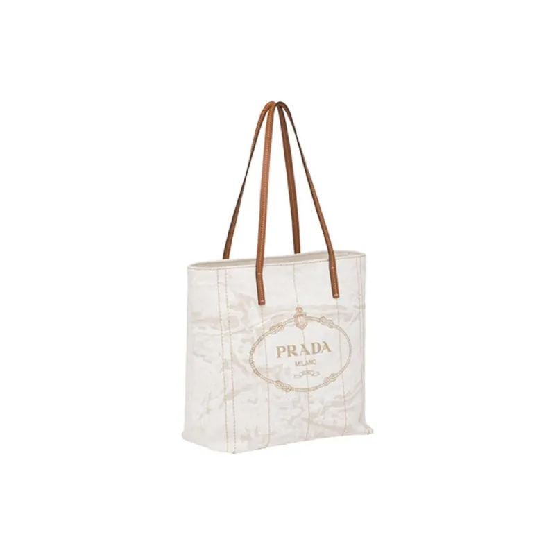 PRADA Linen Blend With Leather Tote Bag Shopping Bag Handbag Small Size Women's Beige/White Orchid-1