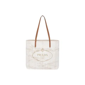 PRADA Linen Blend With Leather Tote Bag Shopping Bag Handbag Small Size Women's Beige/White Orchid