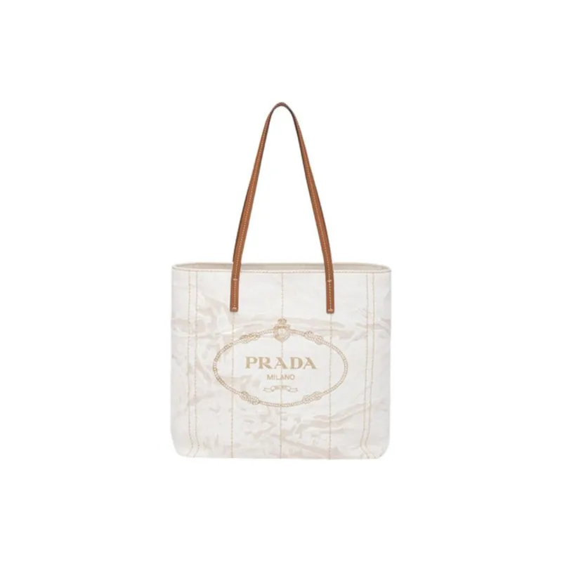 PRADA Linen Blend With Leather Tote Bag Shopping Bag Handbag Small Size Women's Beige/White Orchid-0