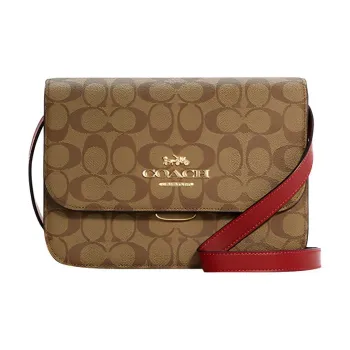 COACH Brynn Leather Shoulder Bag Crossbody Bag Medium Size Women's Khaki & Red Shoulder Strap