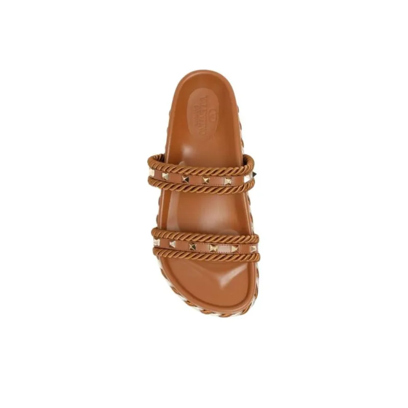 Valentino Rockstud Slide Slippers Women's Brown-4