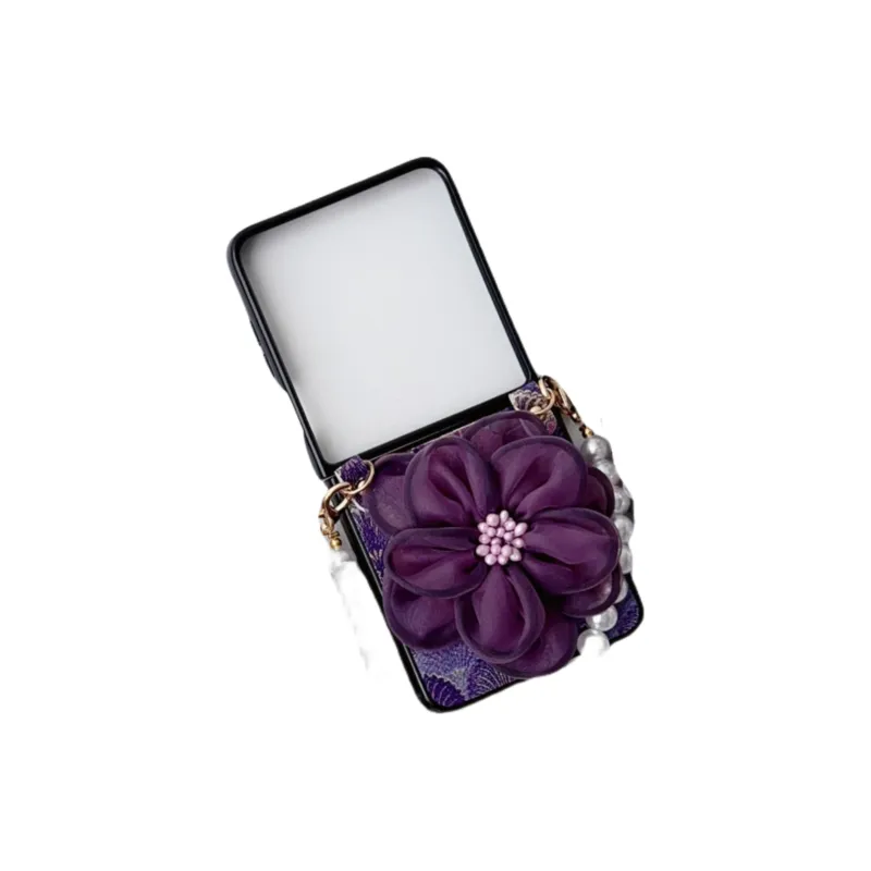 ZHUOJI PC Material Shell Textured Lace Sand Pearl Bracelet Foldable Phone Case Compatible With Samsung Flip5/ZFlip6-4