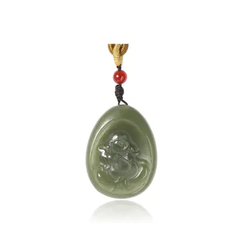 ZENGCAI Chinoiserie Carving Waterdrop Shape Laughing Buddha Jade Pendant Necklace Green Jade Unisex
