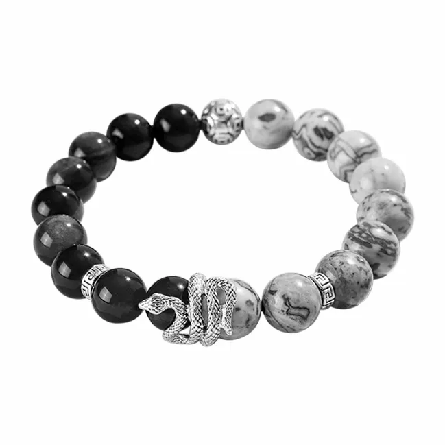 Muyan Obsidian Copper Coin Fu Snake Beaded Bracelet Unisex-3