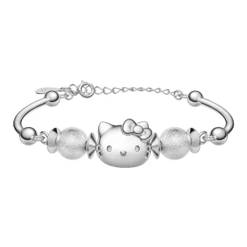 Sanrio S925 Silver Bracelet With Refined Zircon KT Cat Minimalist Style Plain Silver Bangle, Gift Box Set Women's