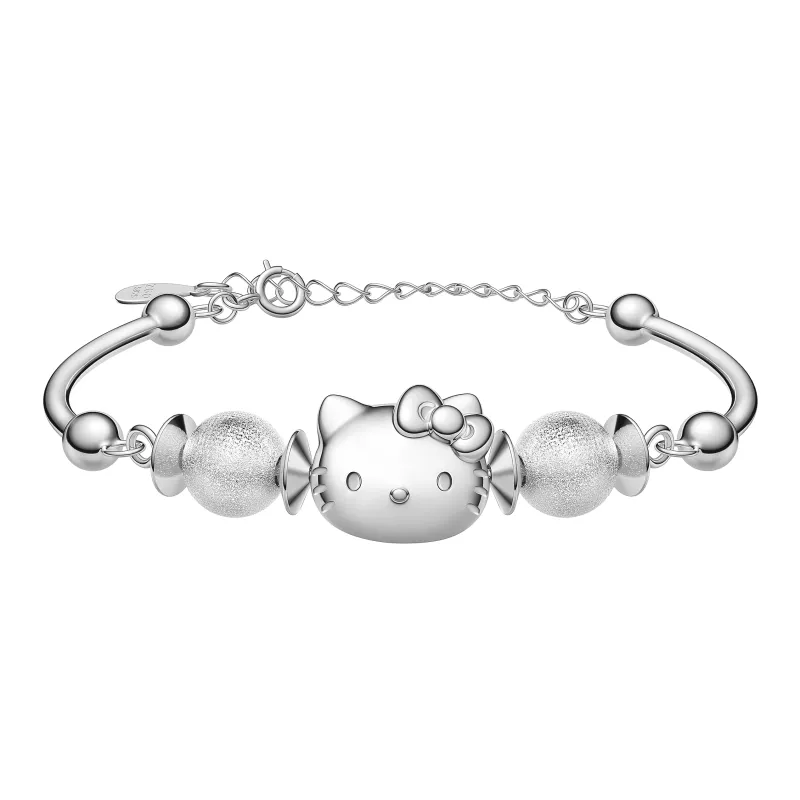 Sanrio S925 Silver Bracelet With Refined Zircon KT Cat Minimalist Style Plain Silver Bangle, Gift Box Set Women's-0