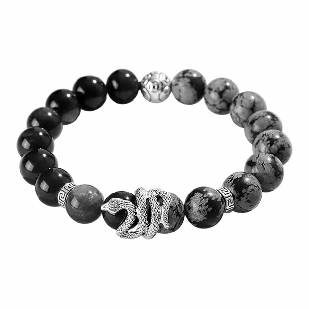 Muyan Obsidian Copper Coin Fu Snake Beaded Bracelet Unisex-4