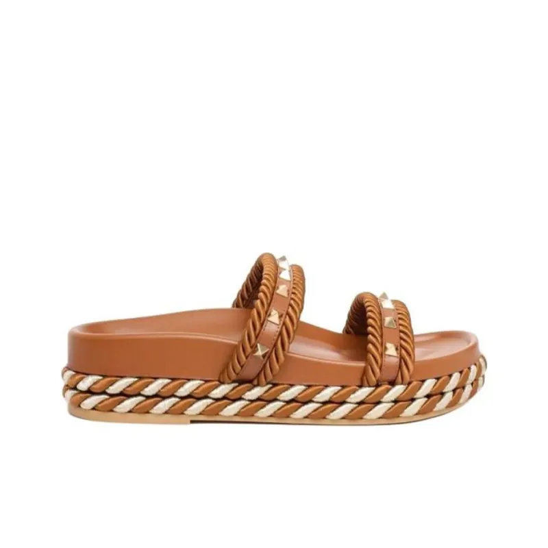 Valentino Rockstud Slide Slippers Women's Brown-1