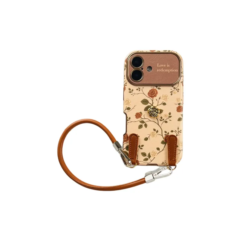 Wei Xin Leather Material Brown Rose Camellia Phone Cases Compatible With IPhone 16/15 Pro Max/Apple 13/14 Pro Max/12-5