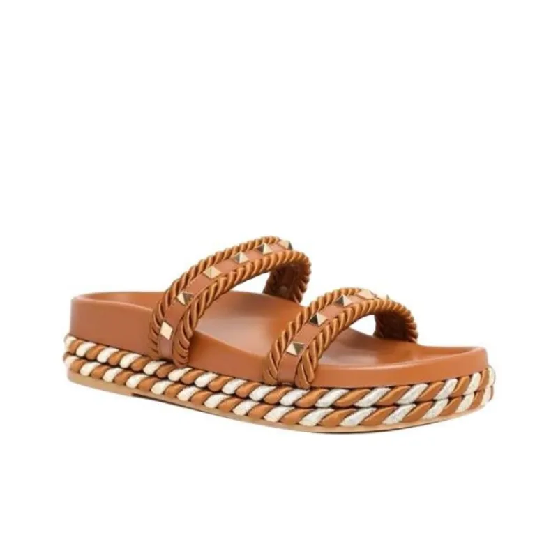 Valentino Rockstud Slide Slippers Women's Brown-2