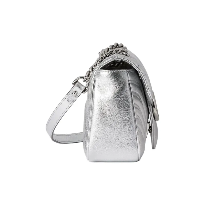 GUCCI GG Marmont Leather Crossbody Bag, Shoulder Bag Trumpets Women's Silver-2