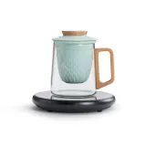 Linglong Transparent Glass Cup with Wooden Handle-Green+Microcrystal Keep Warm Stand (55℃-80℃-99℃ Three-Temperature Zones-Inverter Model)