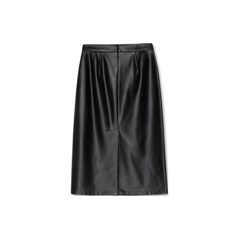 DKNY Leather Long Skirt Women's Black-1