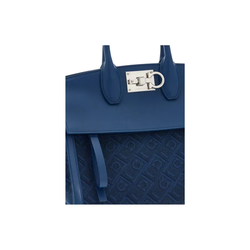 FERRAGAMO Studio Fabric With Calfskin Shoulder Bag Crossbody Bag Handbag Small Size Women's Blue-4