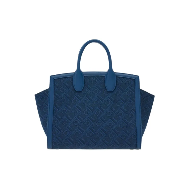 FERRAGAMO Studio Fabric With Calfskin Shoulder Bag Crossbody Bag Handbag Small Size Women's Blue-3