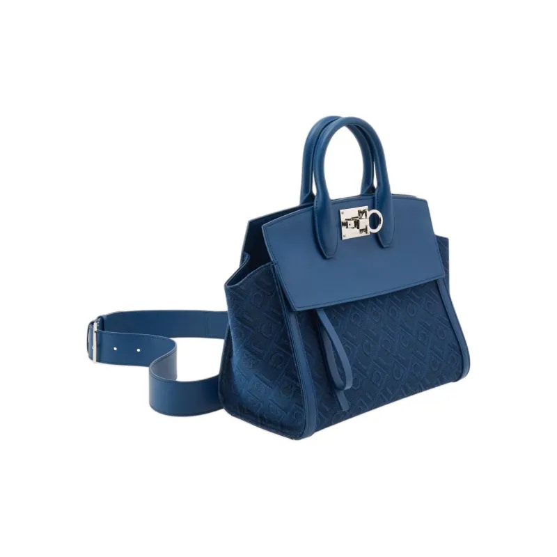 FERRAGAMO Studio Fabric With Calfskin Shoulder Bag Crossbody Bag Handbag Small Size Women's Blue-2