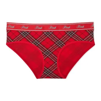 Victoria's Secret PINK Logo Hiphugger Panty / Bright Vermillion Plaid Print Underpants Women's 1 Pack Red
