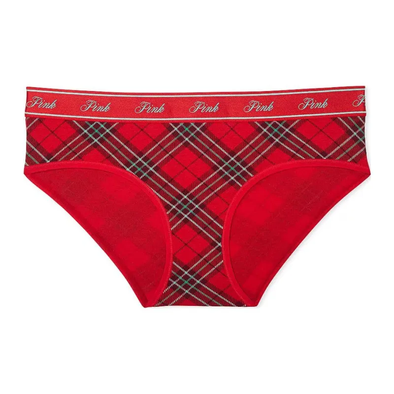 Victoria's Secret PINK Logo Hiphugger Panty / Bright Vermillion Plaid Print Underpants Women's 1 Pack Red-0
