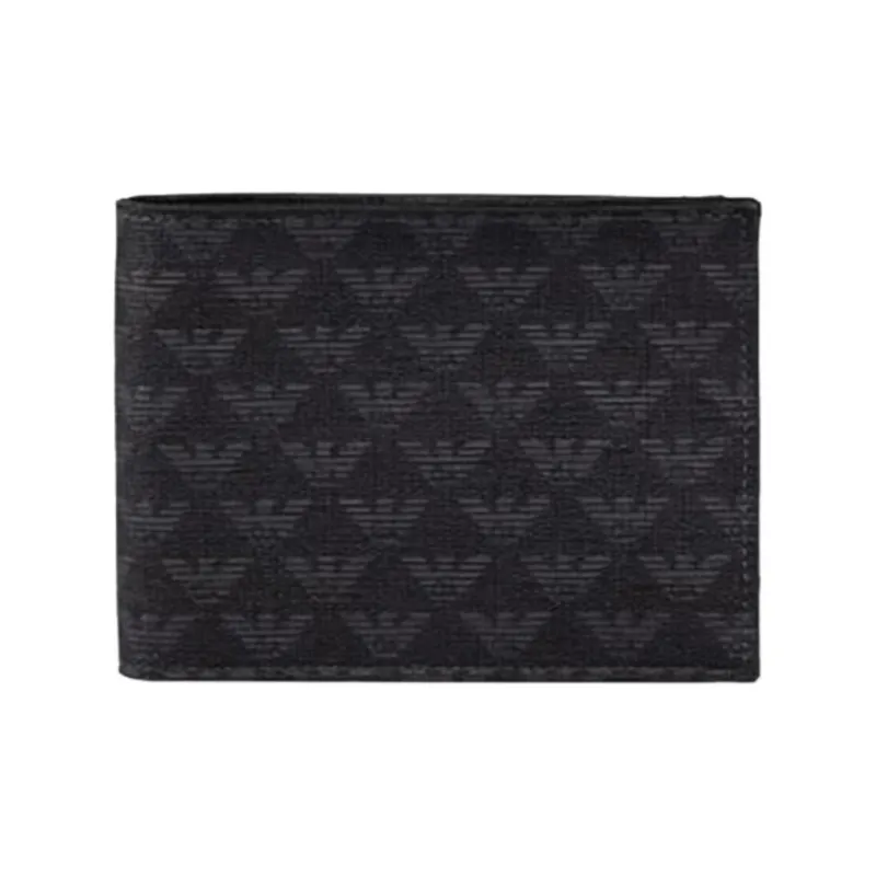 EMPORIO ARMANI Embossed Cow Leather Card Holder Wallet Men's Black Gray Color-0
