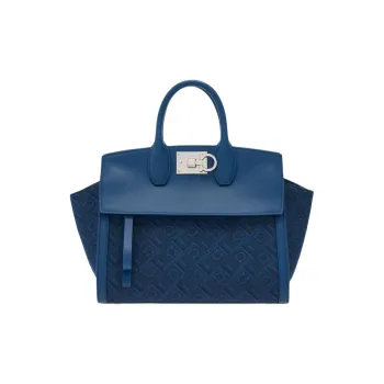 FERRAGAMO Studio Fabric With Calfskin Shoulder Bag Crossbody Bag Handbag Small Size Women's Blue