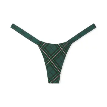 Victoria's Secret PINK Logo Cotton Micro Thong Panty / DFPP Underpants Women's 1 Pack Deep Forest Plaid Print