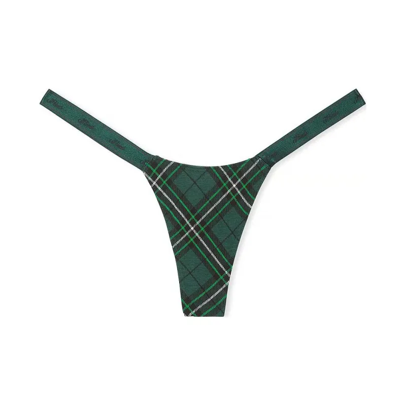 Victoria's Secret PINK Logo Cotton Micro Thong Panty / DFPP Underpants Women's 1 Pack Deep Forest Plaid Print-0