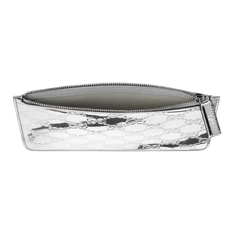 GUCCI Mirror Finish Effect Fabric Clutch Medium Size Unisex Metal Silver-4