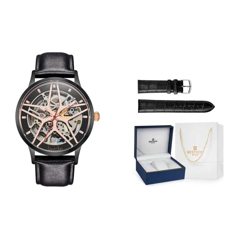 Bestdon Automatic Mechanical Movement Genuine Leather Strap Watch Men's Watches Black Dial-4