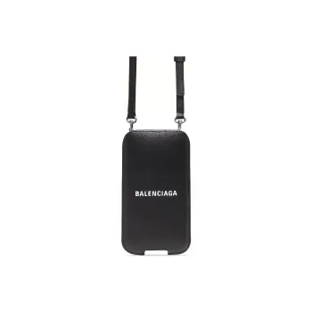 Balenciaga Calfskin Lanyard Card Holder Card Clip Wallet Regular Unisex Black