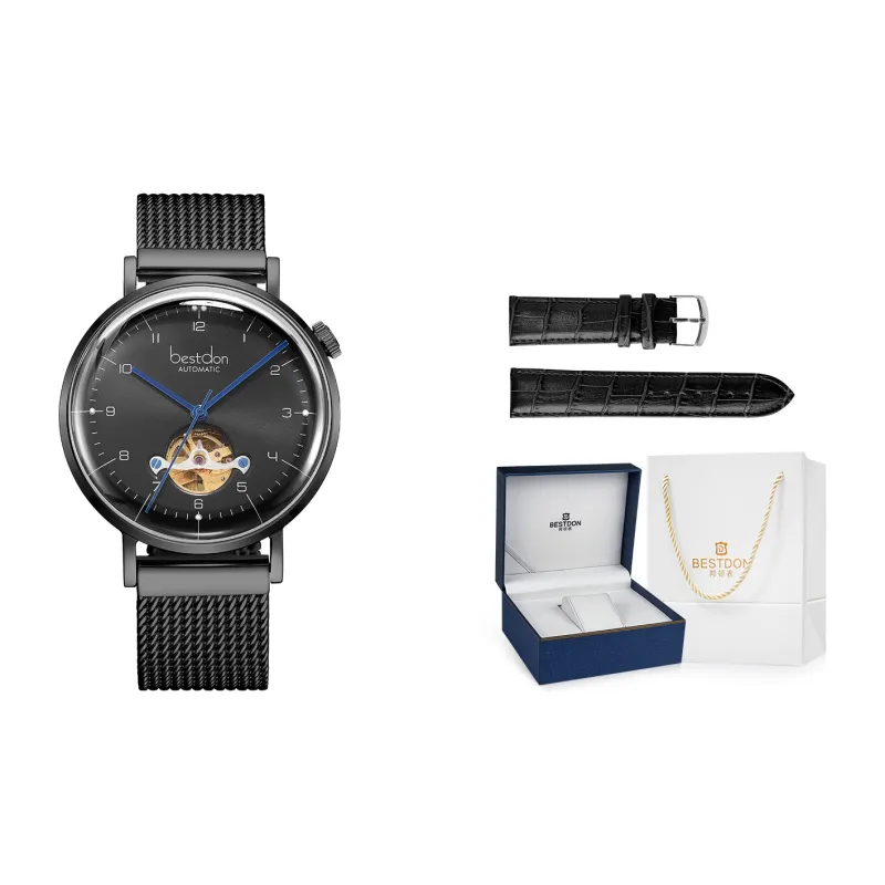 Bestdon Automatic Mechanical Movement Stainless Steel Watchband Men's Watches Black Dial-0